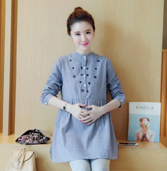 Striped Embroidery Stand-Up Collar Maternity Top