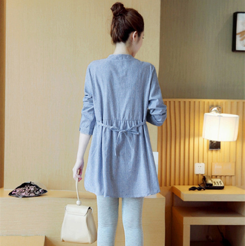Striped Embroidery Stand-Up Collar Maternity Top