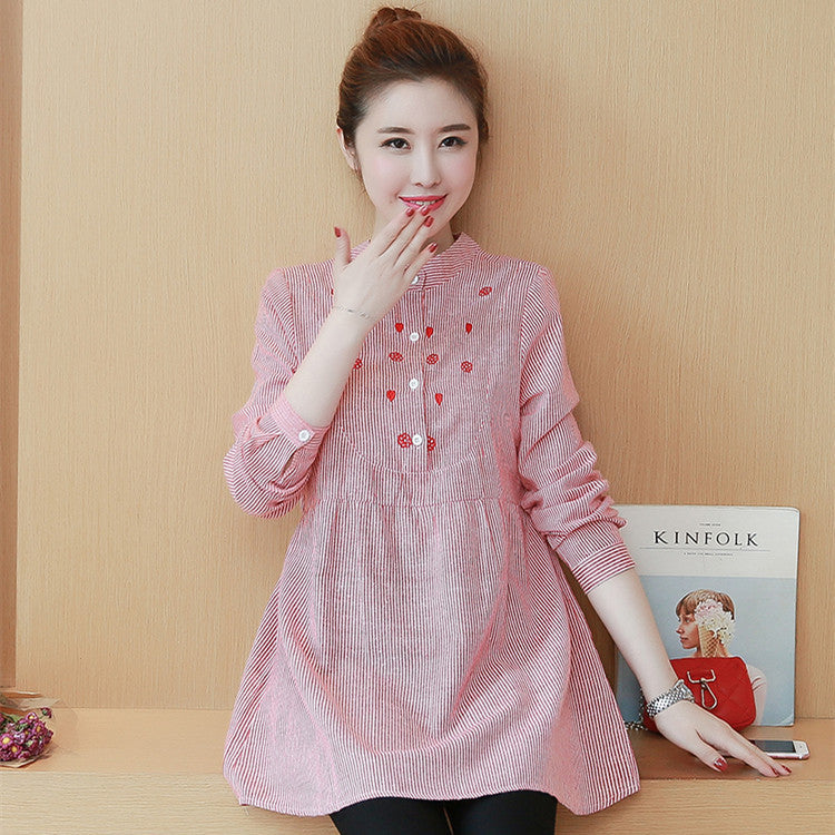 Striped Embroidery Stand-Up Collar Maternity Top