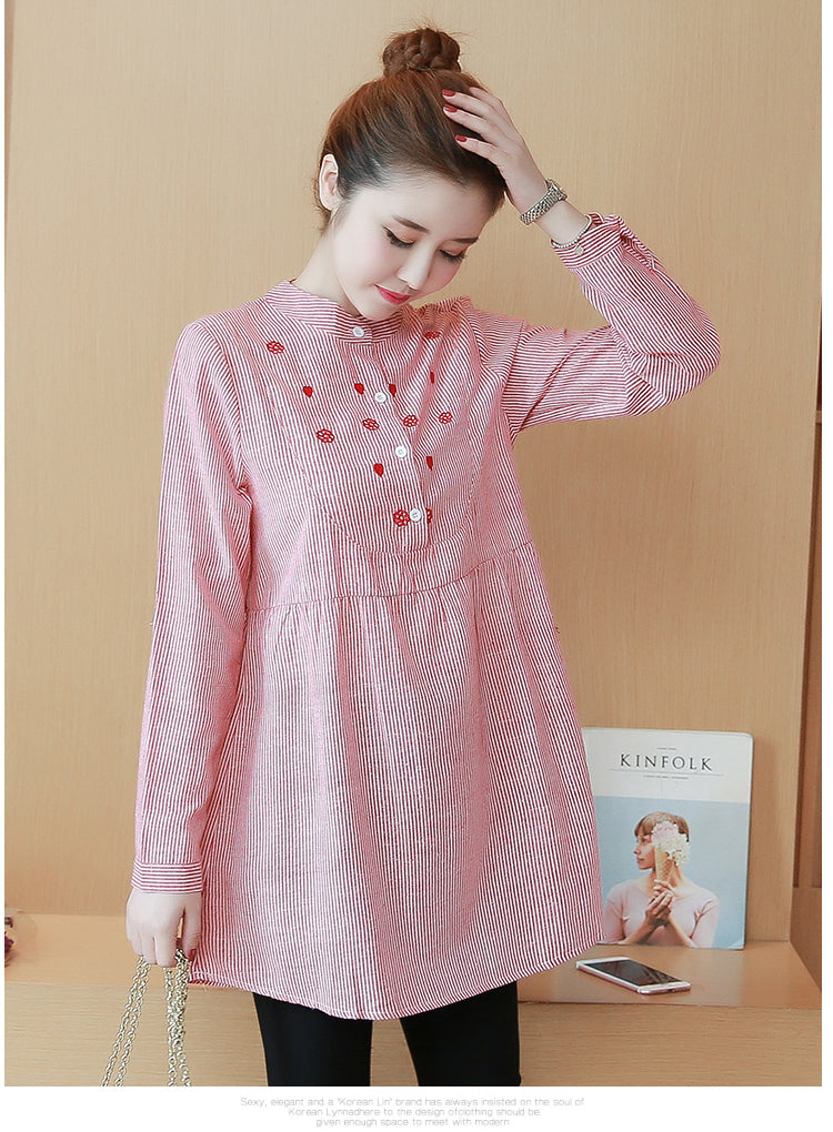 Striped Embroidery Stand-Up Collar Maternity Top
